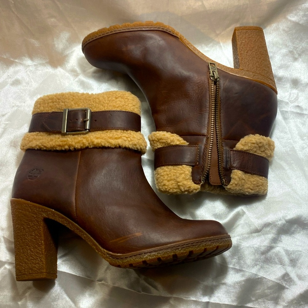 Timberland Glancy Teddy Fleece Brown Leather Heel Ankle Boots Size Womens 8.5